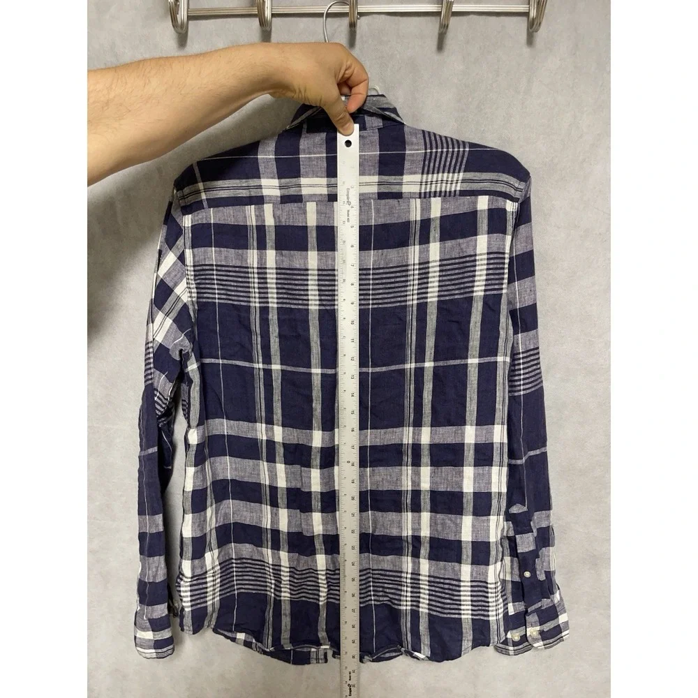 Banana Republic Shirt Men M Blue Plaid Linen Slim Button Up‎ Academia Vacation
